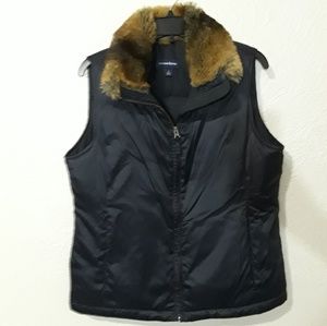 Lands End black goosedown vest. Faux fur collar